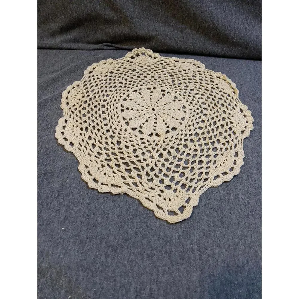 Crochet Doilie Beige 12" L x 10" W Floral Round Knit Vintage - Picture 5 of 5